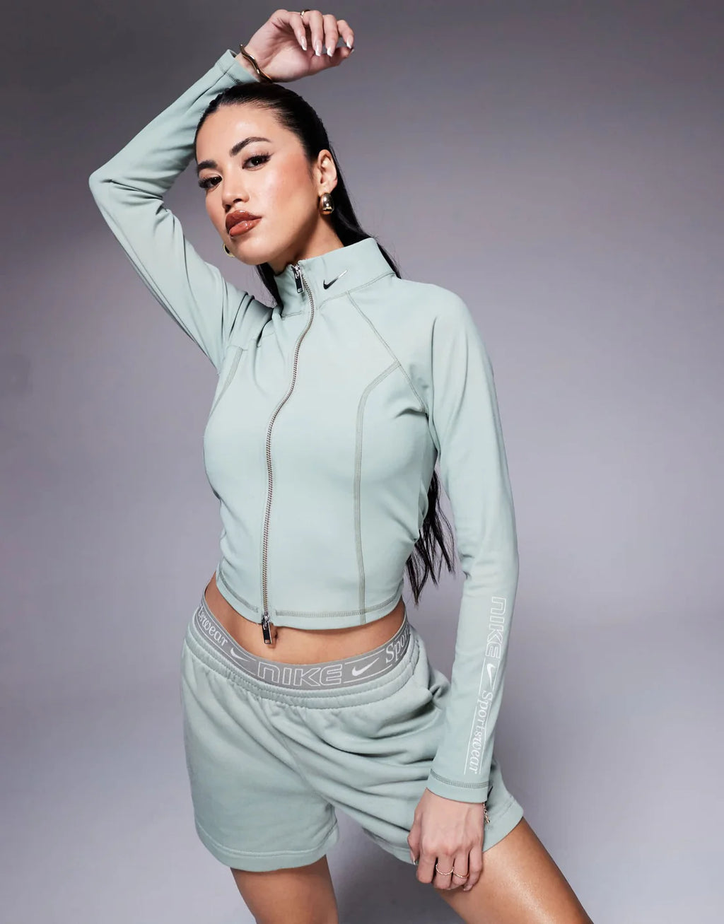 Nike Gym Life Swoosh full zip long sleeve top in khaki